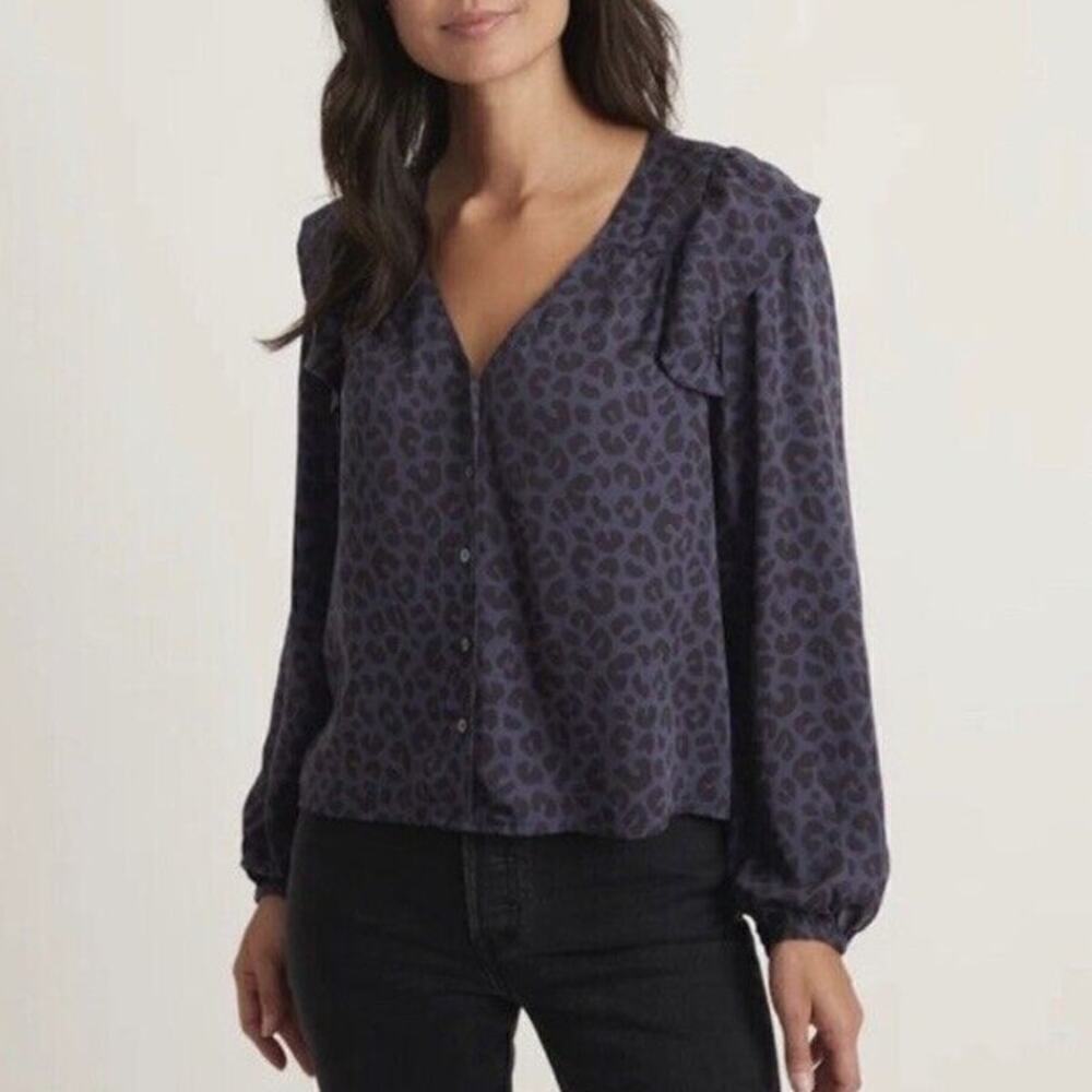 Marine Layer Rory Blouse Cheetah Animal Print Ruffle Long Sleeve Top Blue NWT S